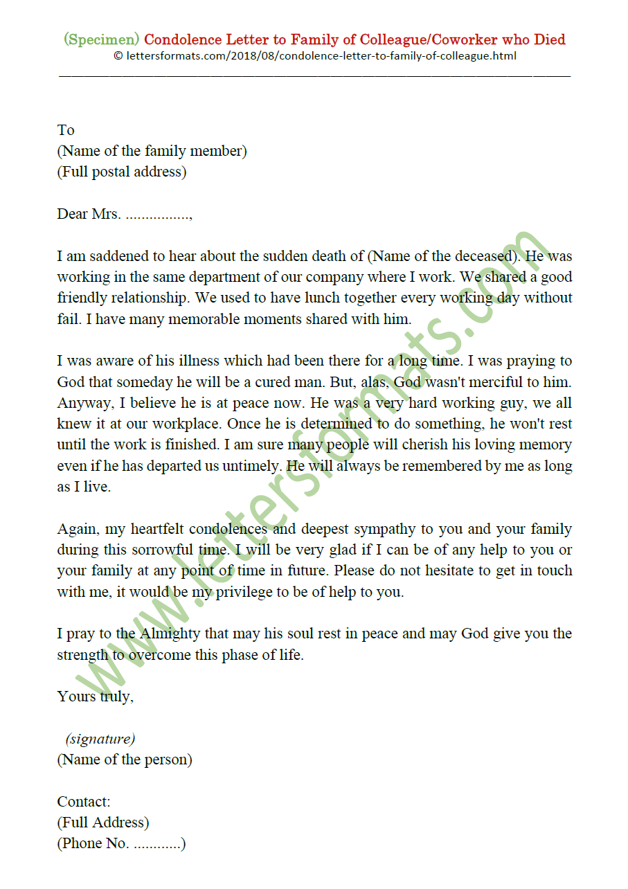 Write Letters Online Condolence Letter To Family Of Colleague