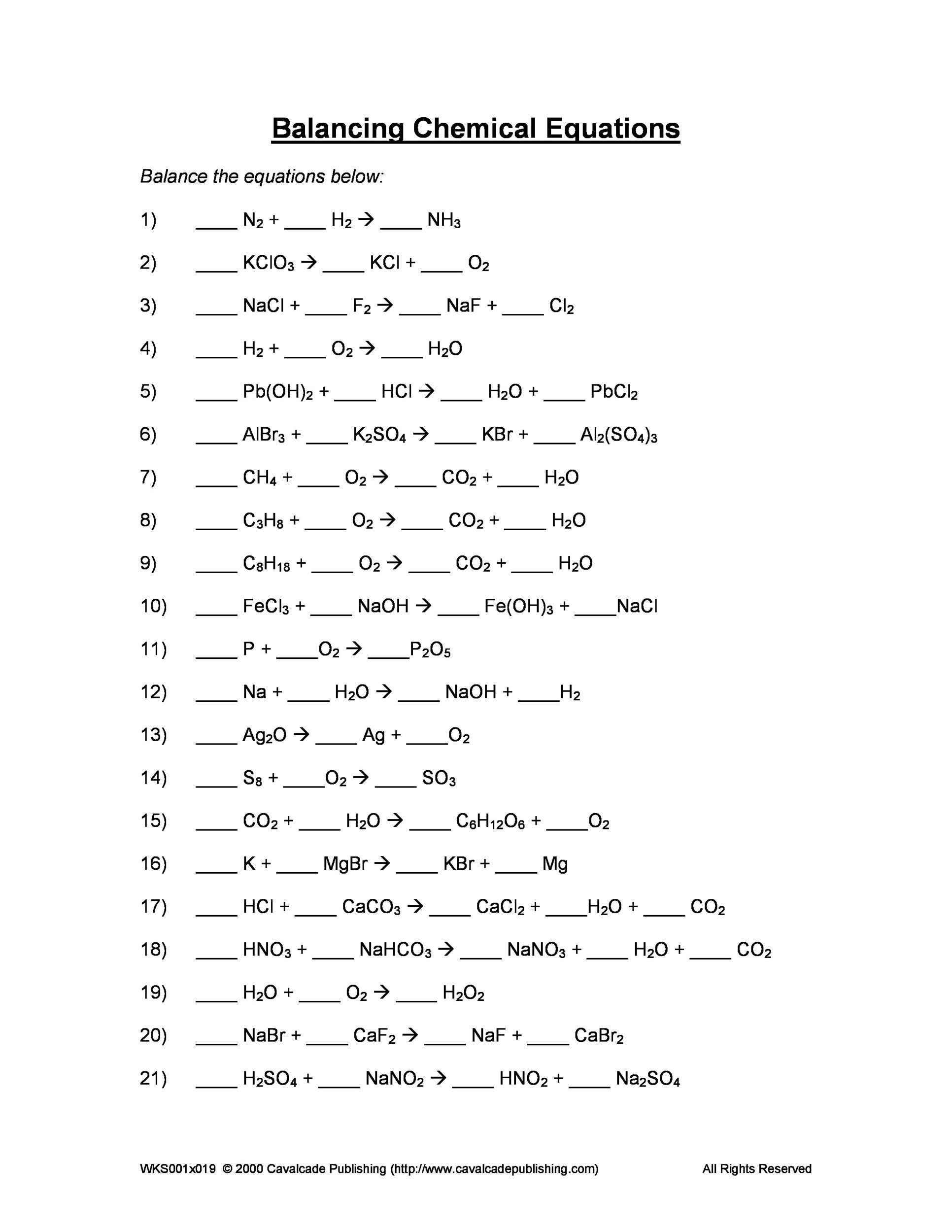 Ws 1 Balancing Chemical Equations Worksheet