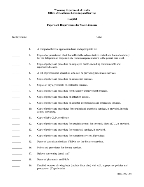 Wyoming Hospital Paperwork Requirements For State Licensure Fill Out