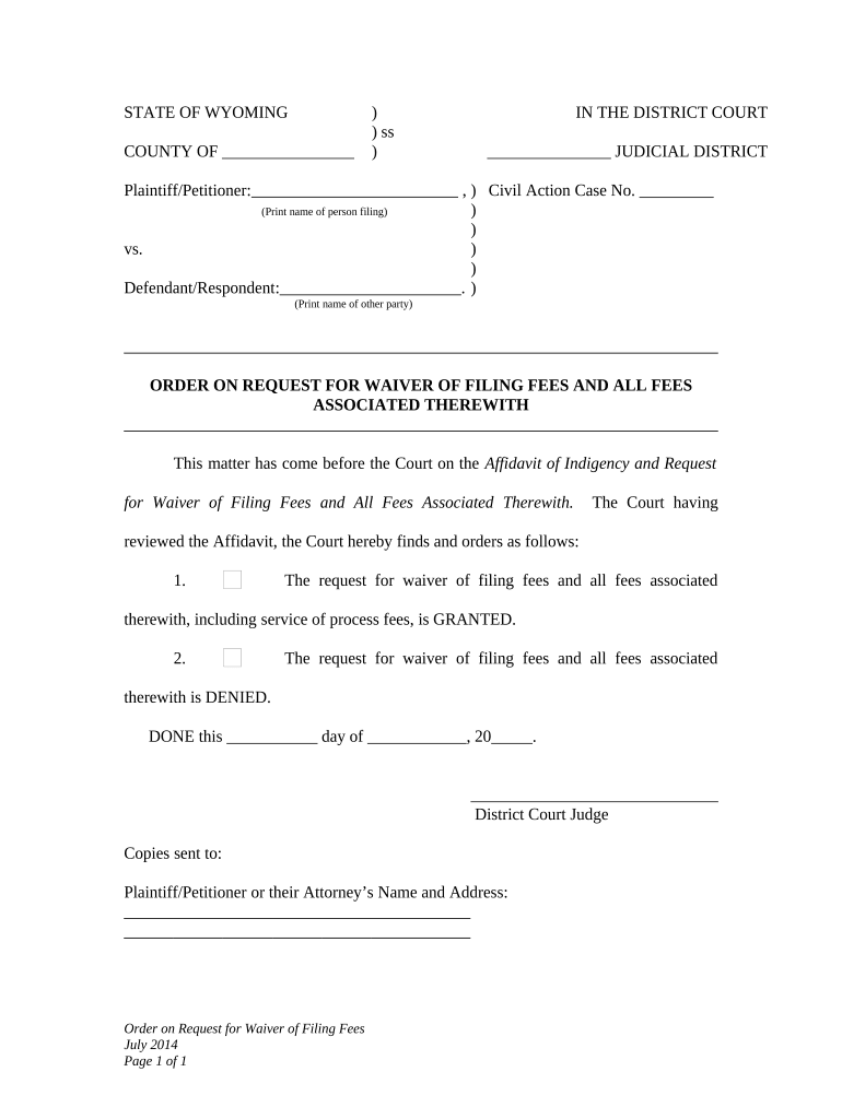 Wyoming Order On Request For Waiver Of Filing Fees And All Fees